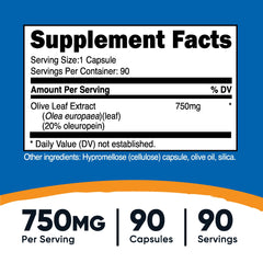 Close-up of Nutricost olive leaf capsules highlighting vegetarian-friendly, non-GMO formula