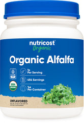 Nutricost Organic Alfalfa Powder 1lb container with USDA Organic label.