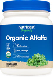 Nutricost Organic Alfalfa Powder 1lb container with USDA Organic label.