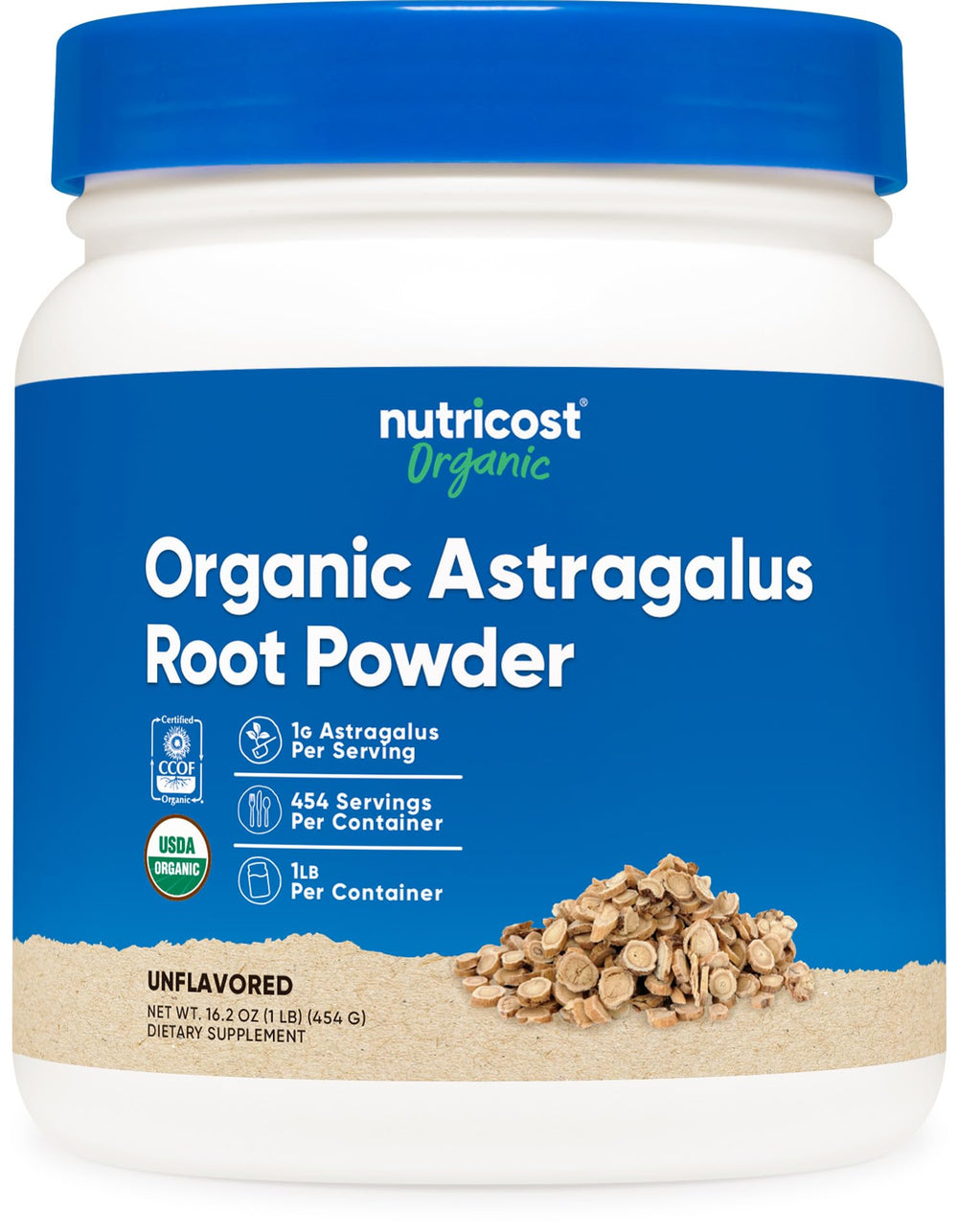 Nutricost organic astragalus root powder bottle supports daily wellness routine