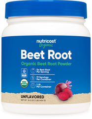 Nutricost Organic Beet Root Powder bottle with USDA Organic label for vegan-friendly nutrition.