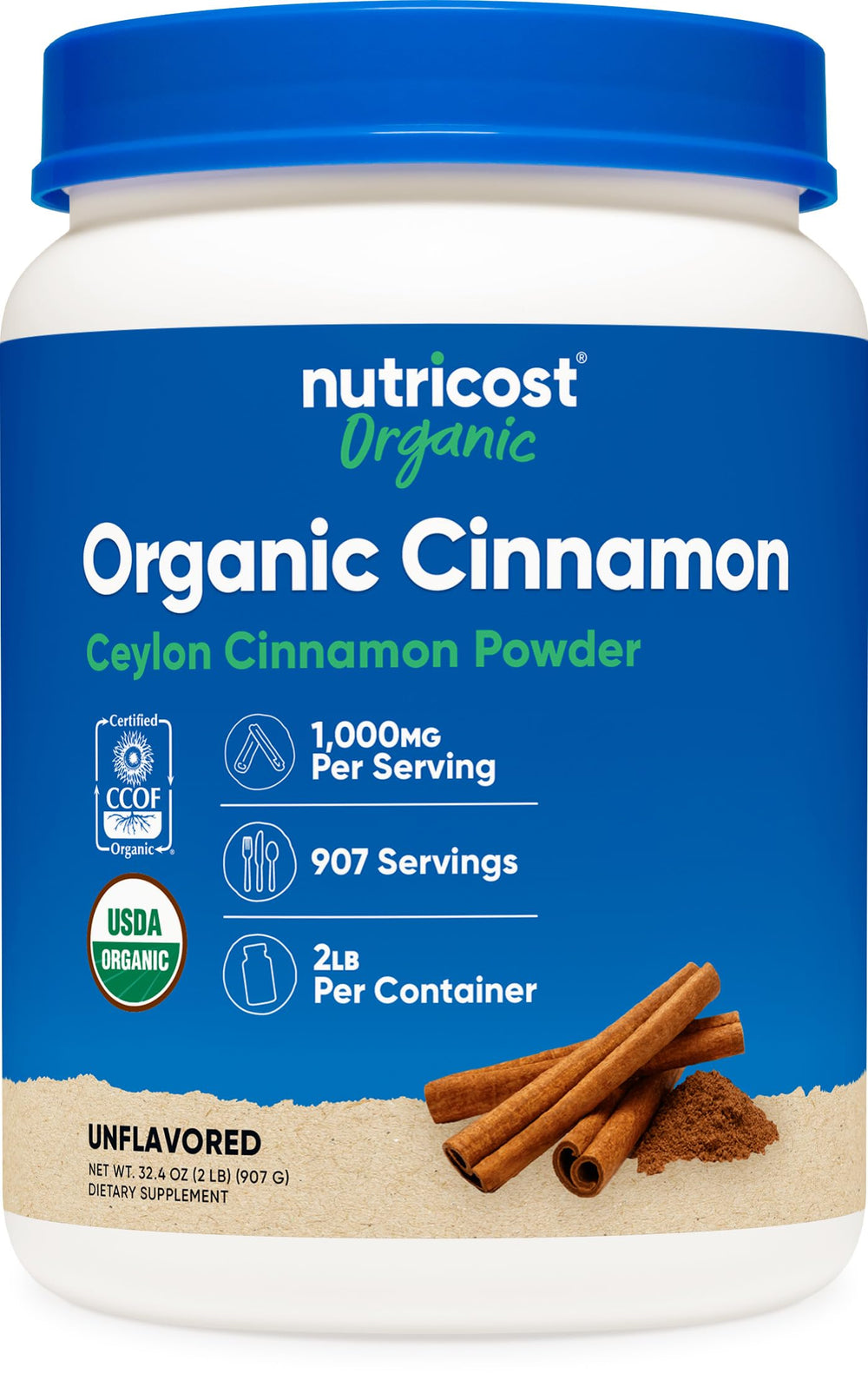 Nutricost Organic Ceylon Cinnamon powder 2lb container shows rich aroma for daily cooking.