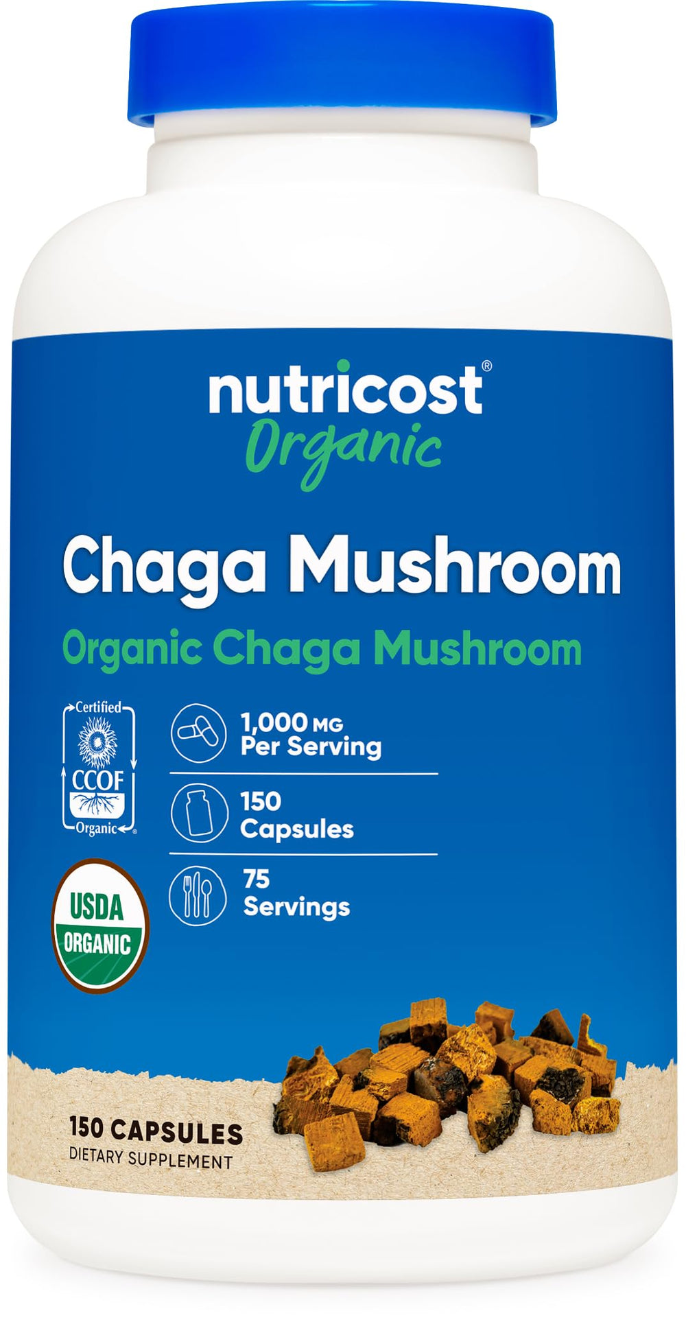 Nutricost Organic Chaga bottle front with CCOF seal indicating certified organic supplement.