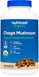 Nutricost Organic Chaga bottle front with CCOF seal indicating certified organic supplement.
