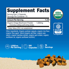 Nutricost Organic Chaga capsules closeup showing 500 mg per capsule for easy dosing.
