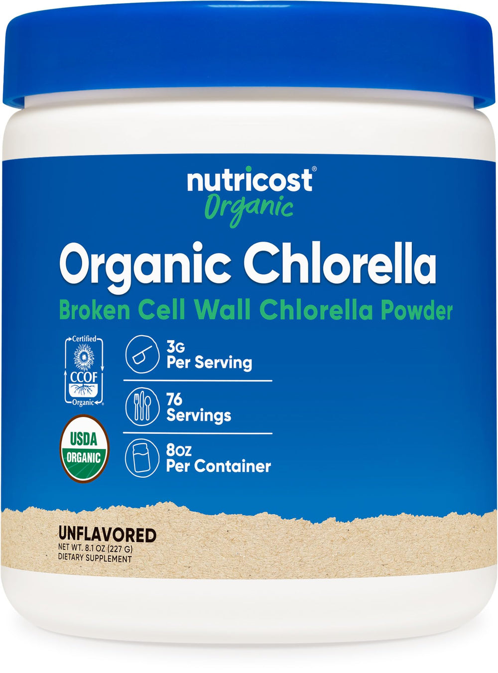 Nutricost Organic Chlorella Powder bottle showing 8oz size for daily greens.