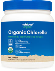 Nutricost Organic Chlorella Powder front view highlighting pure greens for daily greens