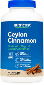 Nutricost Organic Cinnamon Ceylon bottle front for daily wellness support.