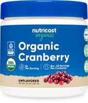 Nutricost Organic Cranberry Powder jar on a counter ready for mixing