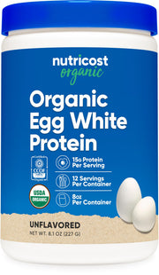 Nutricost Organic Egg White Protein bottle shows gluten-free protein option for workouts