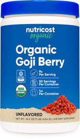 Nutricost Organic Goji Berry Powder bottle with USDA Organic seal for clean nutrition.