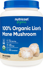 Nutricost Lion's Mane powder bottle with USDA Organic label, ideal for daily smoothies.