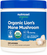 Nutricost Organic Lion's Mane Powder bottle for daily supplementation and clean sourcing.