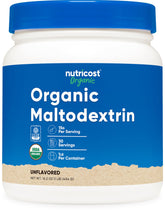 Nutricost Organic Maltodextrin powder bottle label confirms organic and quick-energy option
