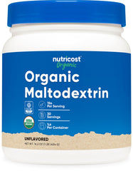 Nutricost Organic Maltodextrin powder bottle label confirms organic and quick-energy option
