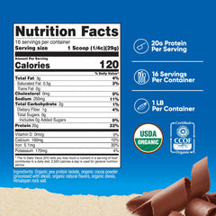 Nutricost Organic Pea Protein Powder Chocolate scoop shows 20 g protein per serving