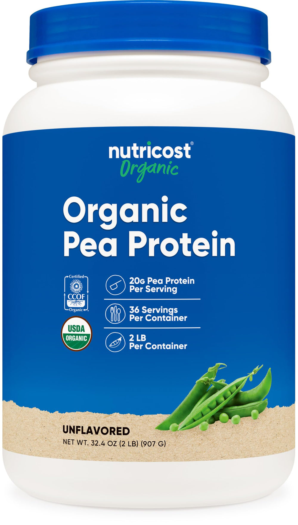Nutricost Organic Pea Protein Powder unflavored packaging showing USDA Organic certification.