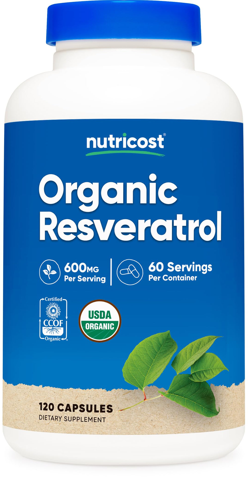 Nutricost Organic Resveratrol bottle side view for daily wellness use