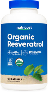 Nutricost Organic Resveratrol bottle side view for daily wellness use
