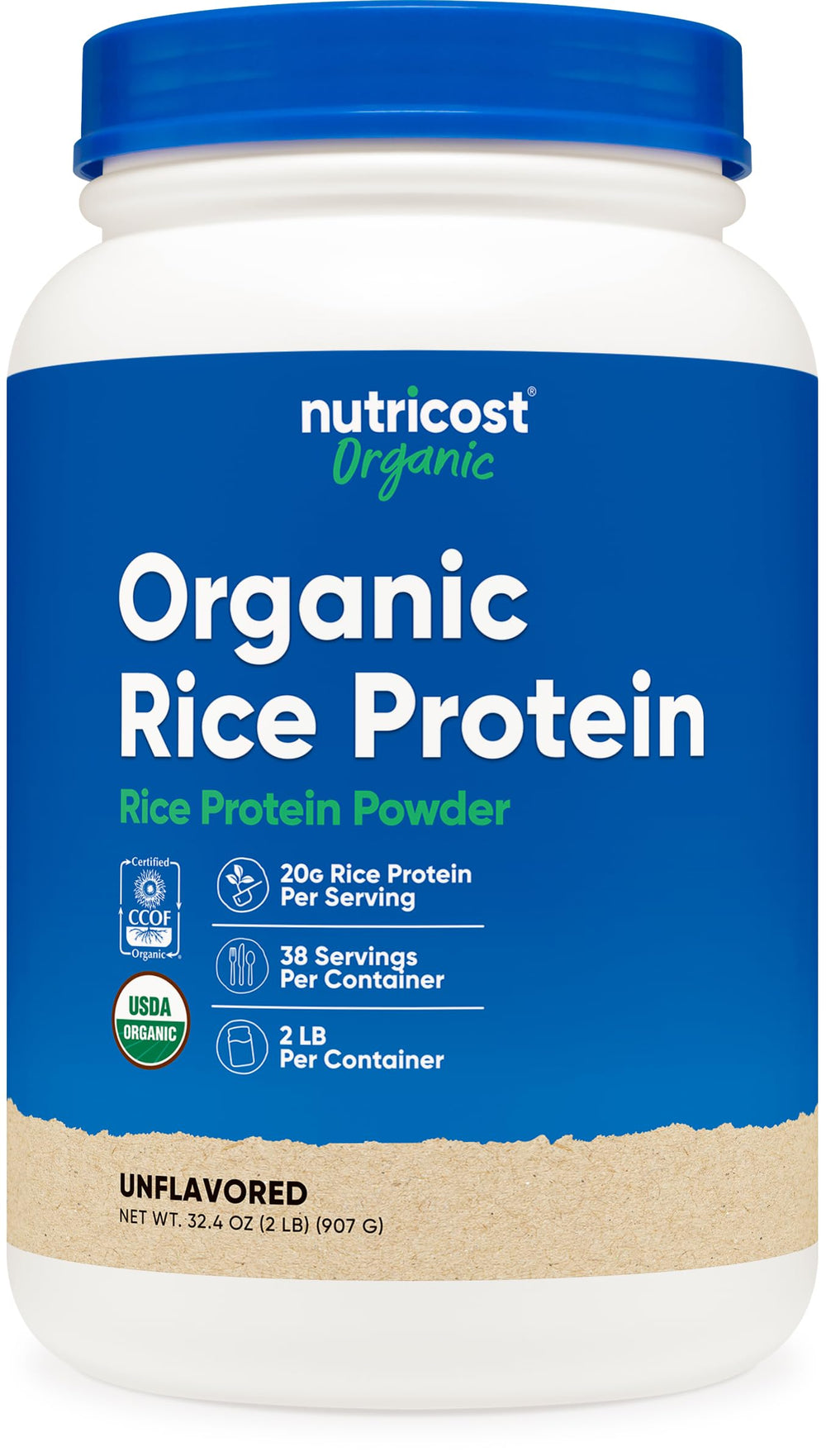 Nutricost Organic Rice Protein Powder tub showing gluten-free protein source.