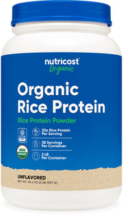 Nutricost Organic Rice Protein Powder tub showing gluten-free protein source.