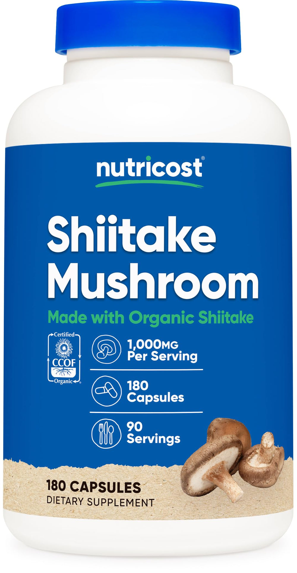 Nutricost Organic Shiitake bottle label shows CCOF certification for trusted organic quality.