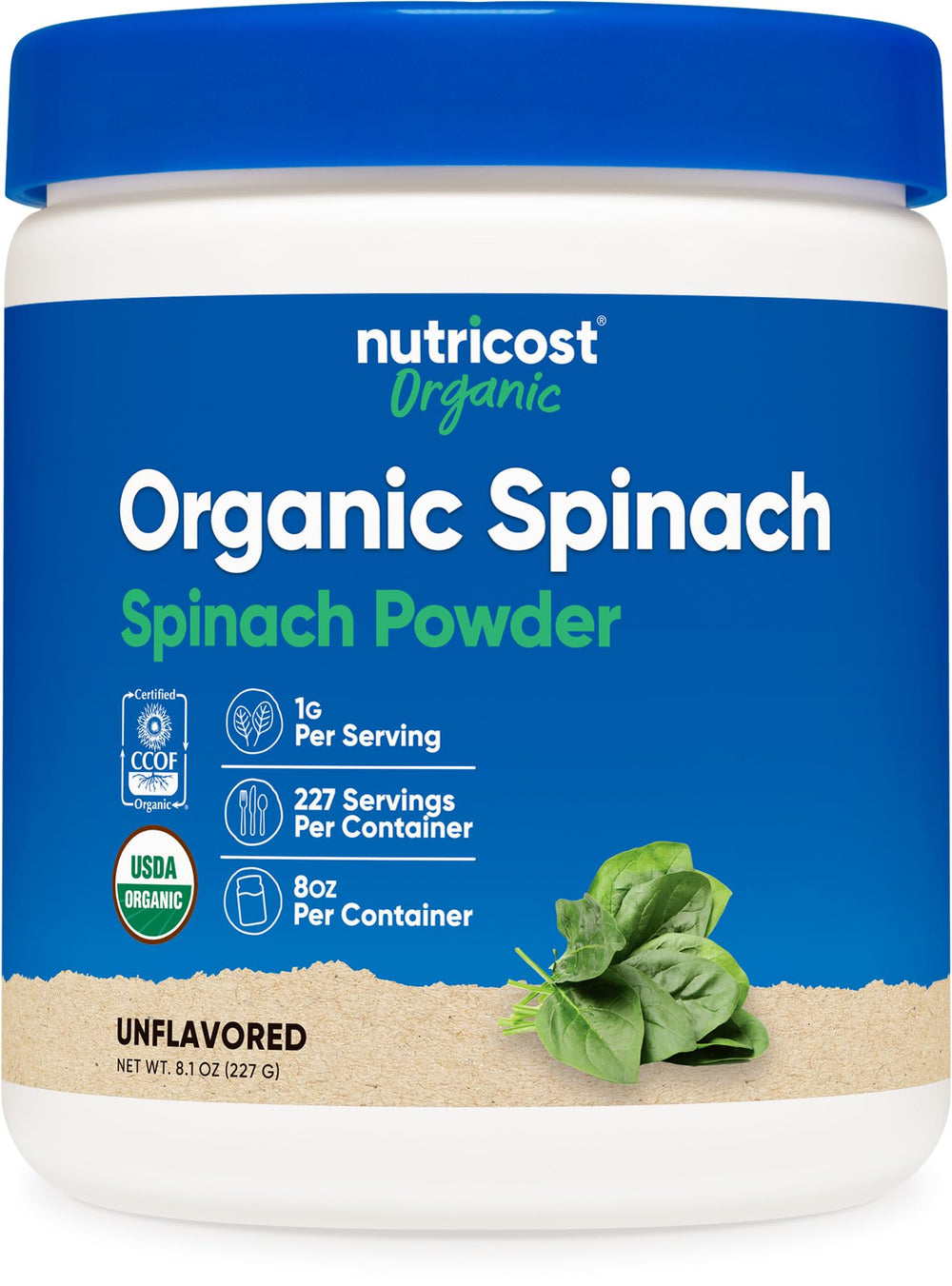 Nutricost Organic Spinach Powder tub with scoop for daily greens