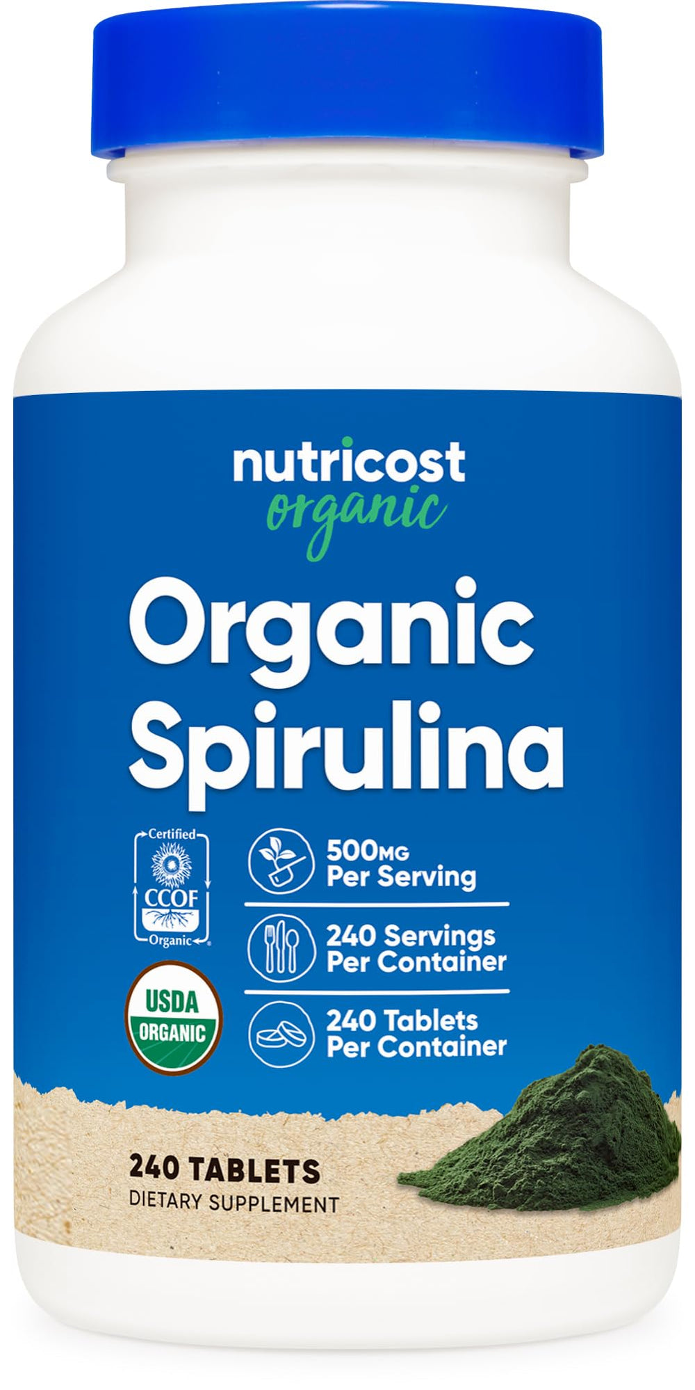 Nutricost Organic Spirulina 500mg bottle label close-up for organic quality and purity.