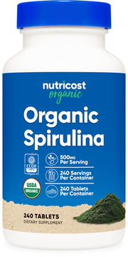 Nutricost Organic Spirulina 500mg bottle label close-up for organic quality and purity.