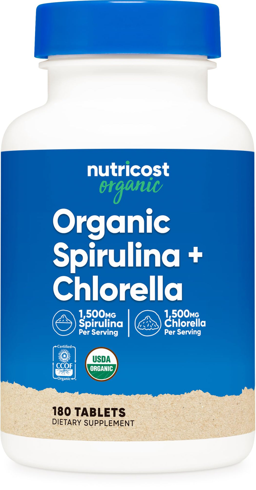 Nutricost Organic Spirulina Chlorella bottle front shows a month of greens