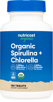 Nutricost Organic Spirulina Chlorella bottle front shows a month of greens