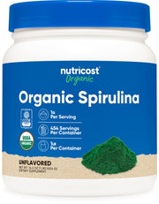 Nutricost Organic Spirulina Powder bottle for daily smoothies and energy boost.