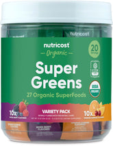 Nutricost Organic Super Greens mixed berry stickpack for convenient daily greens boost.