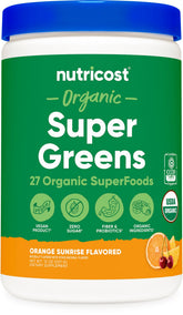 Nutricost Organic Super Greens orange sunrise bottle supports daily nutrition.