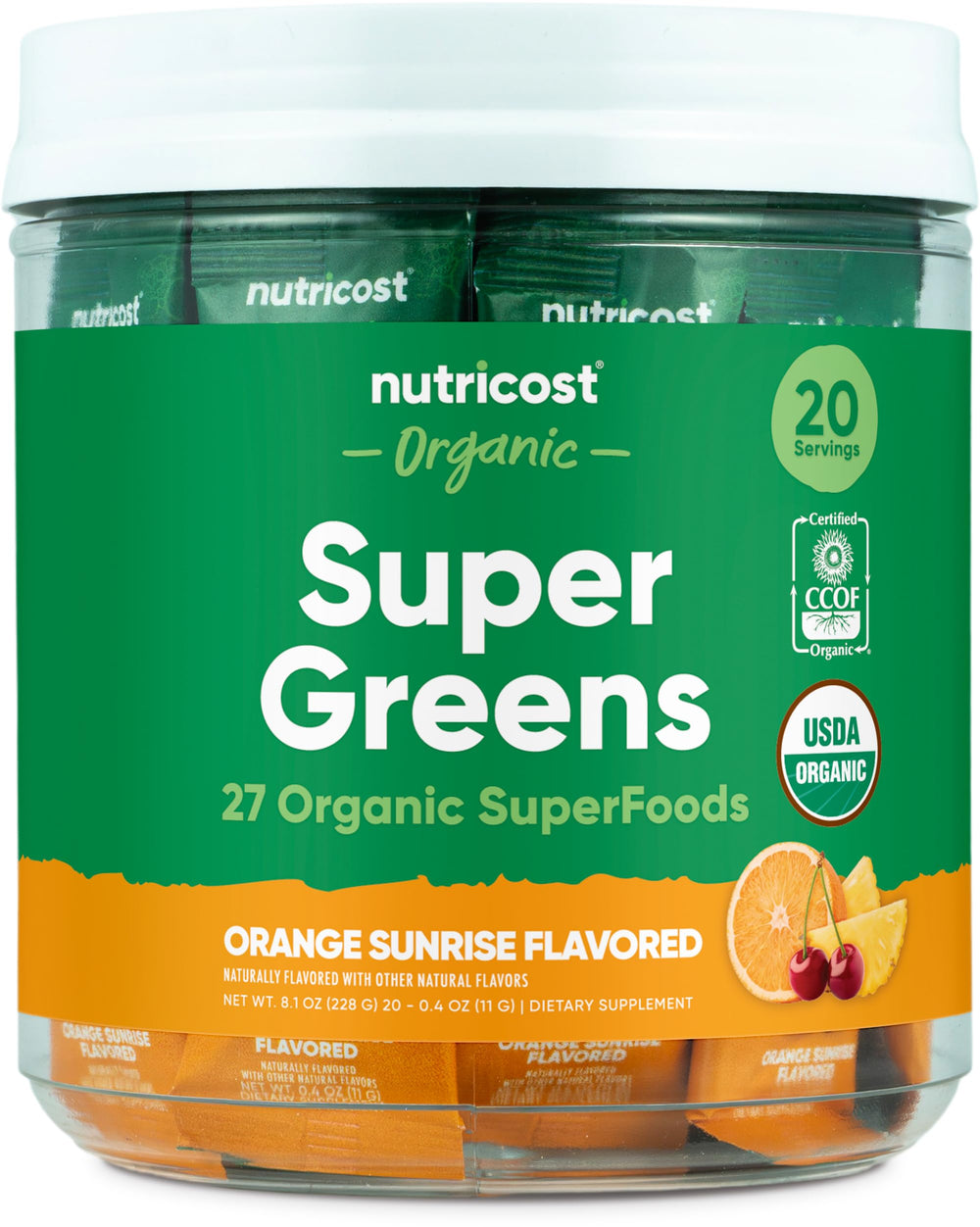 Nutricost Organic Super Greens Orange Sunrise packaging shows a gluten-free daily option.