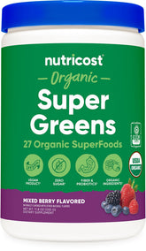Nutricost Organic Super Greens bottle front with mixed berry flavor for daily wellness boost