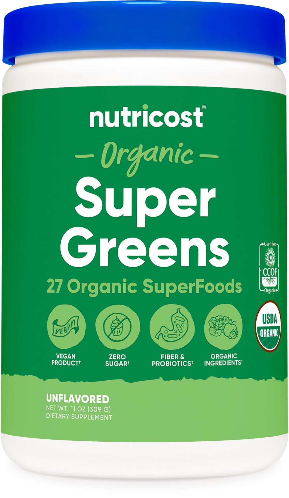Nutricost Organic Super Greens Powder bottle on kitchen counter for daily wellness.