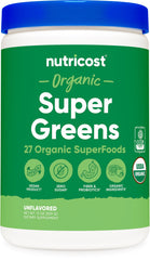 Nutricost Organic Super Greens Powder bottle on kitchen counter for daily wellness.