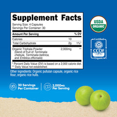 Nutricost Organic Triphala capsules ready for daily use.