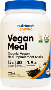 Nutricost organic vegan meal shake bottle with vanilla flavor for quick meals.