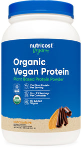 Nutricost Organic Vegan Protein chocolate peanut butter front view with gluten-free packaging
