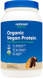Nutricost Organic Vegan Protein chocolate peanut butter front view with gluten-free packaging