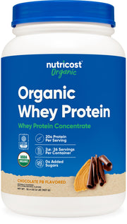 Nutricost Organic Whey Protein Concentrate chocolate peanut butter container front, ideal post workout fueling