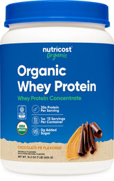 Nutricost Organic Whey Protein Concentrate jar with chocolate peanut butter flavor, ideal for after-workout shakes