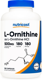 Nutricost L-Ornithine 500mg bottle with easy-to-swallow capsules for daily use.