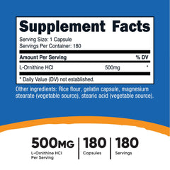 Nutricost L-Ornithine capsules in a 180-count bottle for convenient daily supplementation.