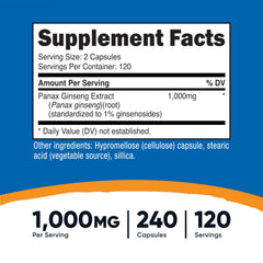 Nutricost Panax Ginseng 240 capsules jar on shelf for daily wellness routine.