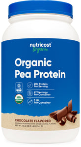 Nutricost pea protein tub front, chocolate flavor, shake-ready plant protein.