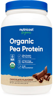Nutricost pea protein tub front, chocolate flavor, shake-ready plant protein.