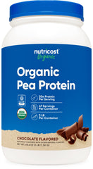 Nutricost pea protein tub front, chocolate flavor, shake-ready plant protein.